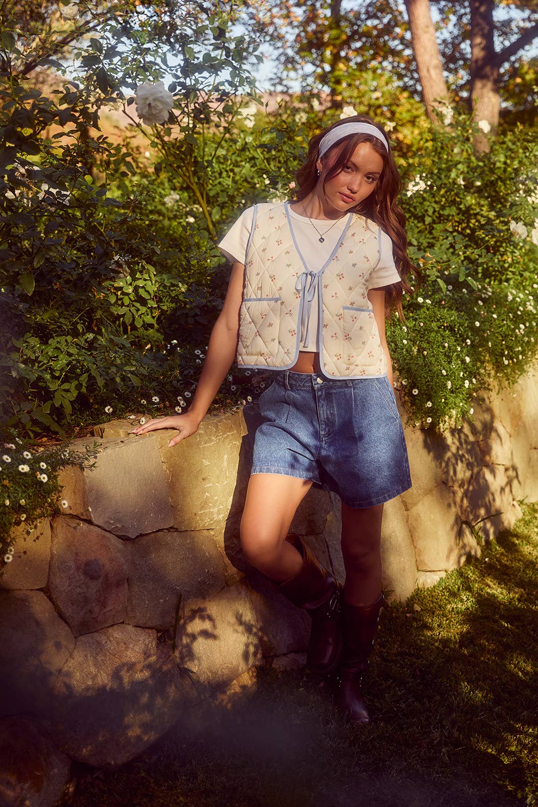Pleated Denim Shorts
