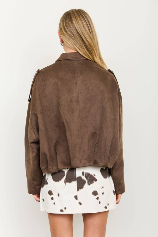 Faux Suede Epaulet Collared zip up Cropped Jacket