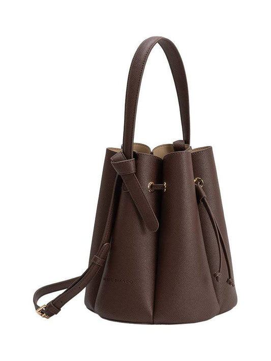 A dark brown textured leather bucket bag with a top handle, drawstring closure, and a detachable shoulder strap, shown against a plain white background.