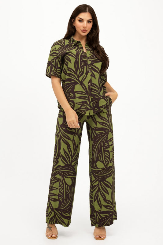 Olive Tropical print Top and Pants set