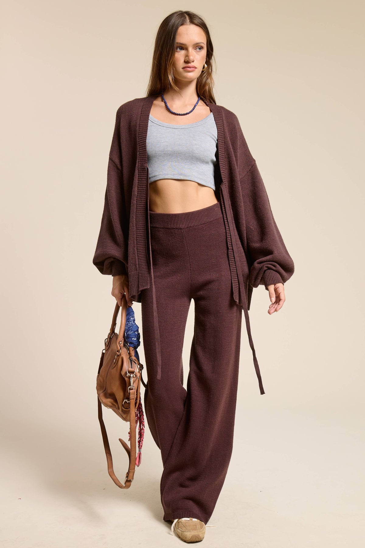 Two-Piece Knit Lounge Set for Women – Tie-Front Cardigan & Pants