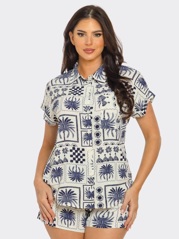 Navy Palm print Top and Shorts Set