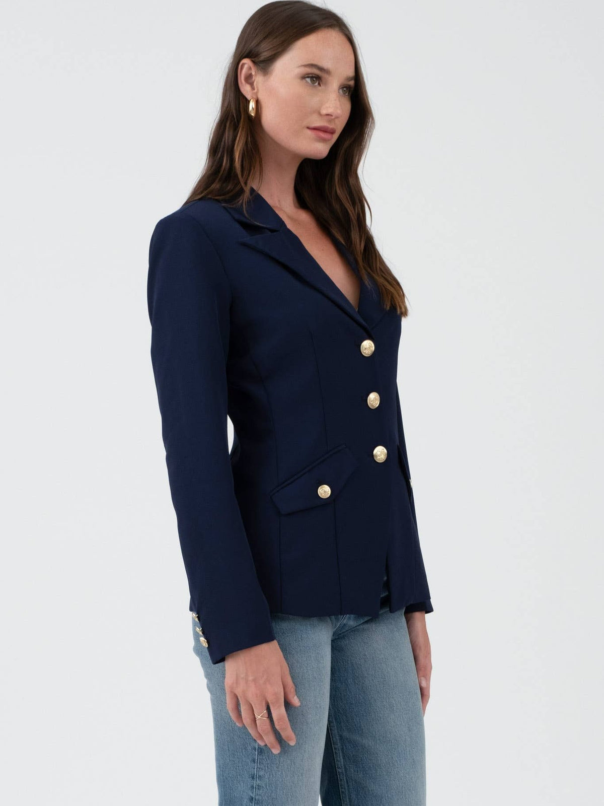 Navy Gold Hardware Button Cuff Blazer