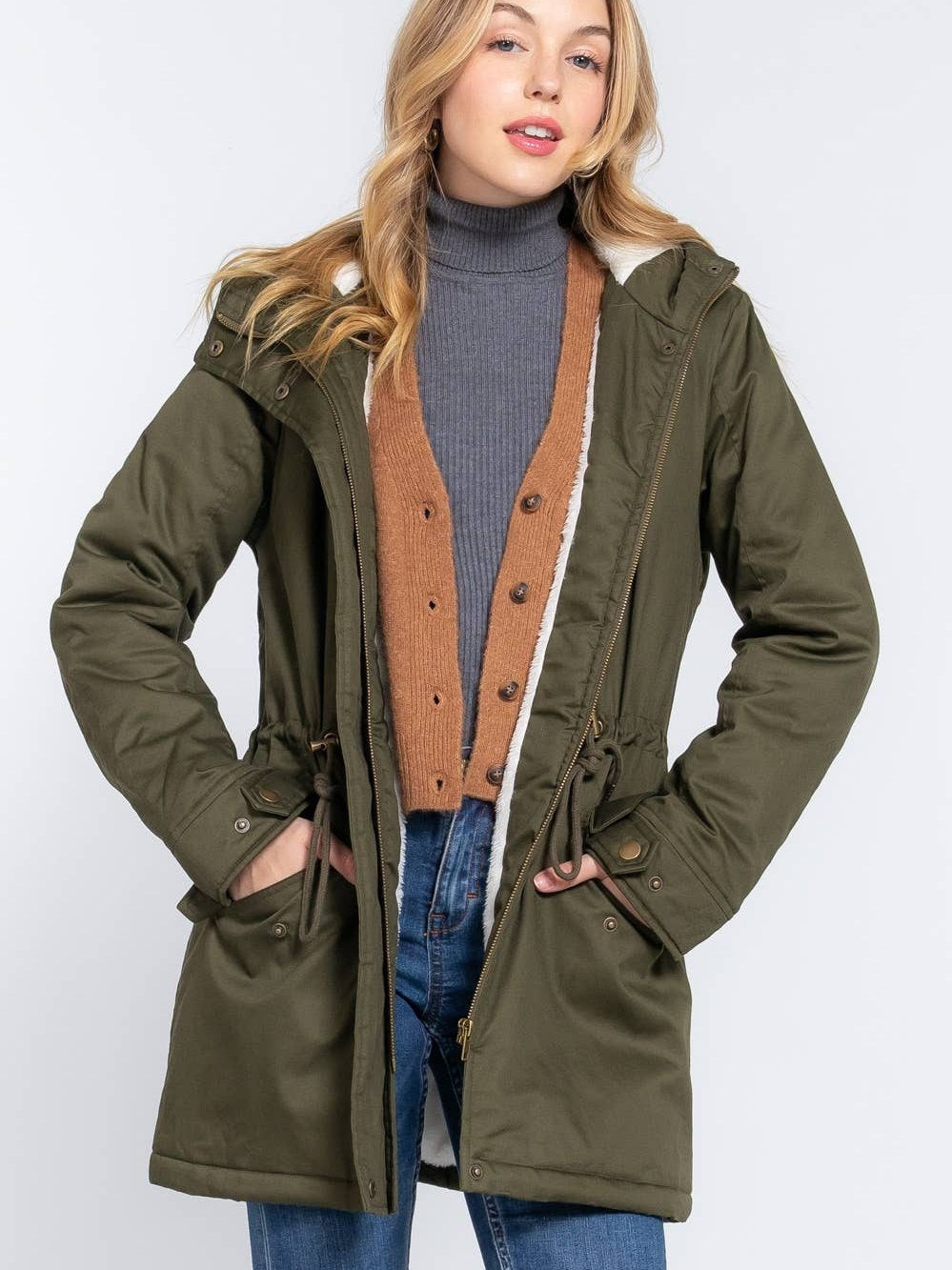 Fleece Lined Fur Hoodie Utility Jacket- two colors