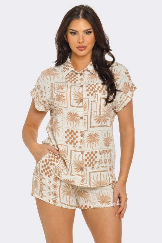 Mocha Palm print Top and Shorts Set