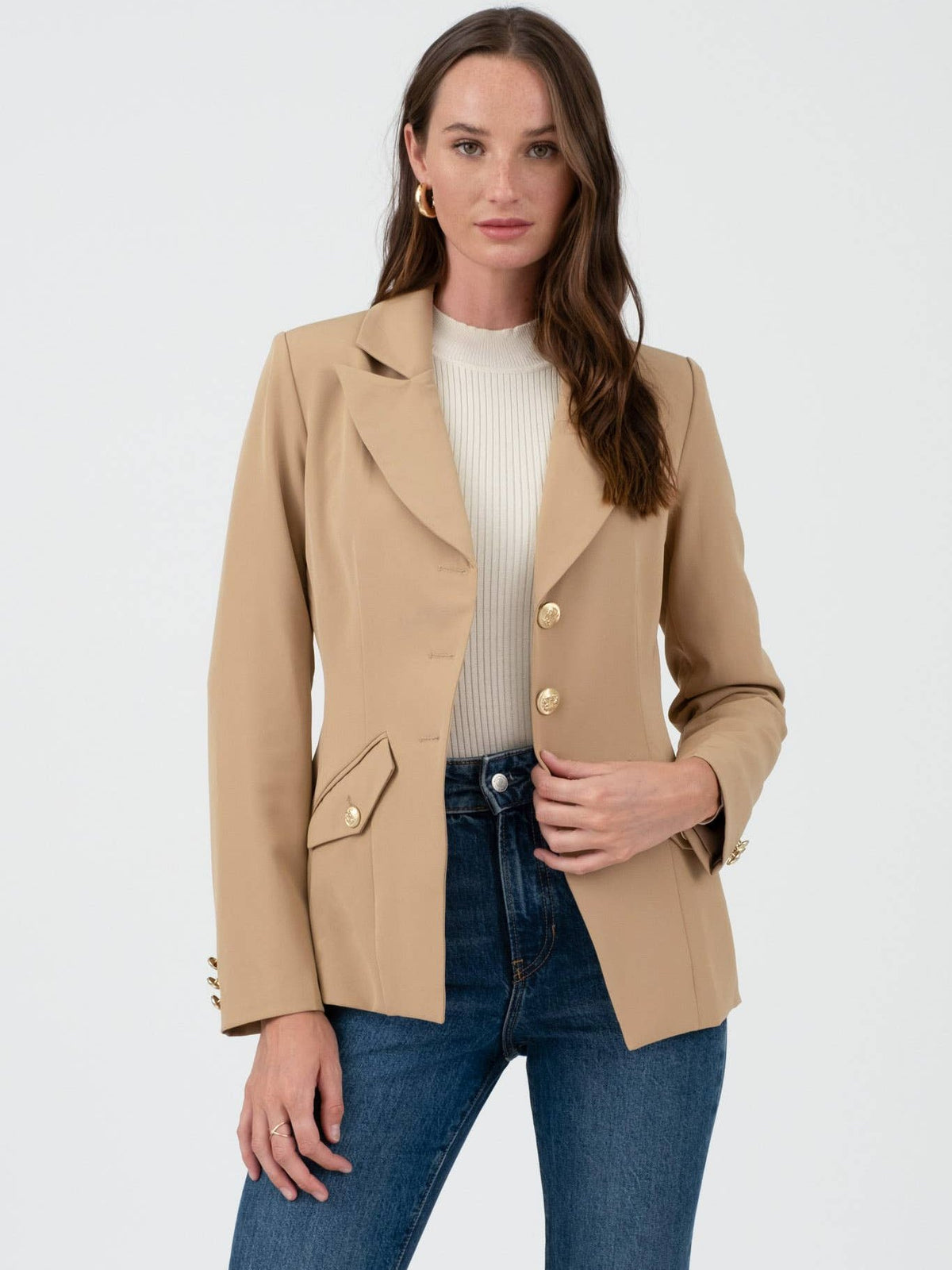 Khaki Gold Hardware Button Cuff Blazer