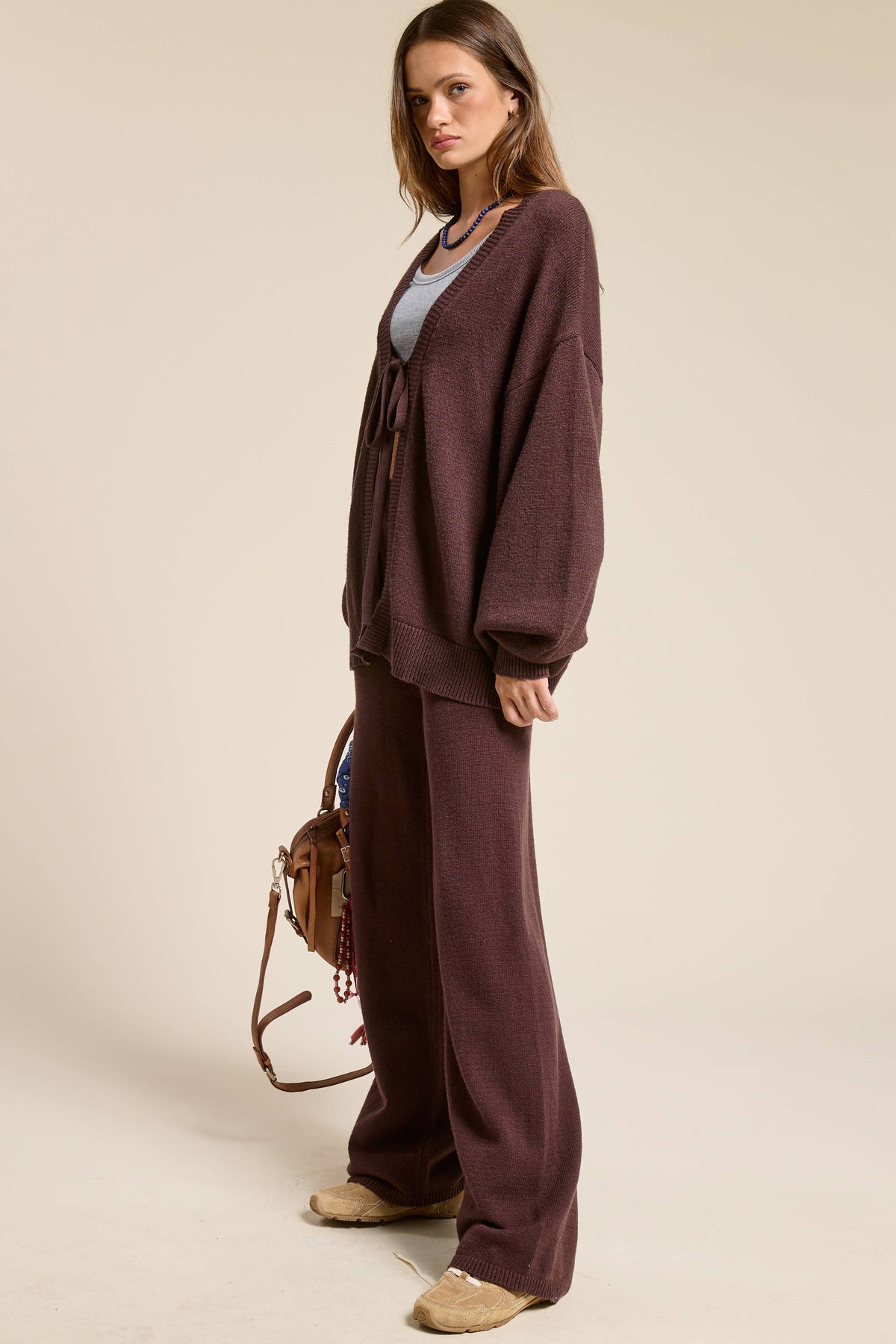 Two-Piece Knit Lounge Set for Women – Tie-Front Cardigan & Pants