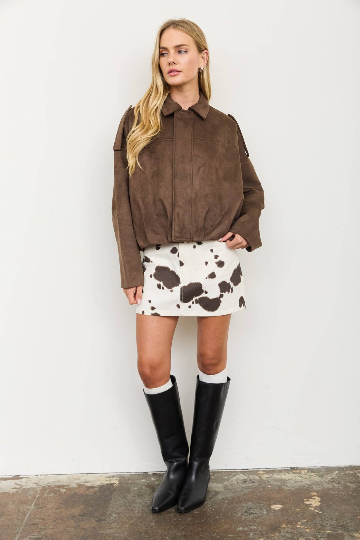 Faux Suede Epaulet Collared zip up Cropped Jacket
