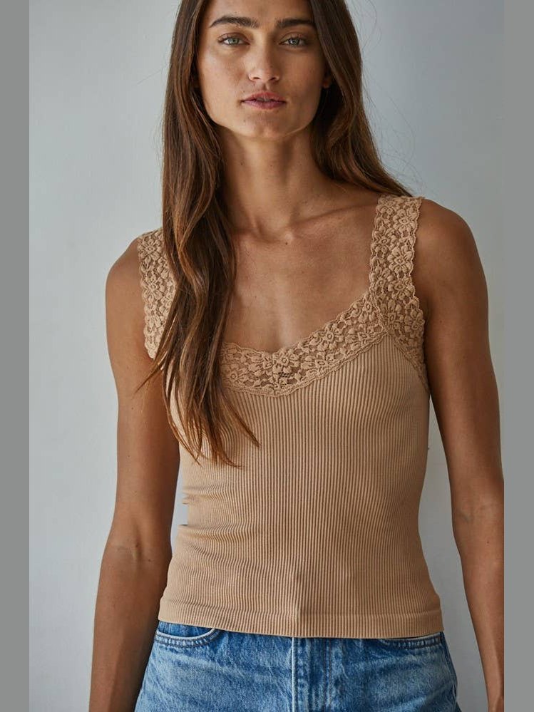 Knit Seamless Ribbed Tank Top with Lace Trim-Almond
