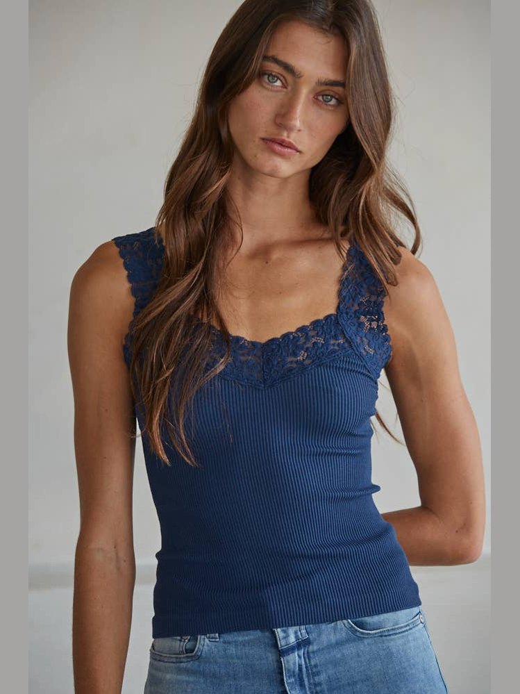Knit Seamless Ribbed Tank Top with Lace Trim- Navy