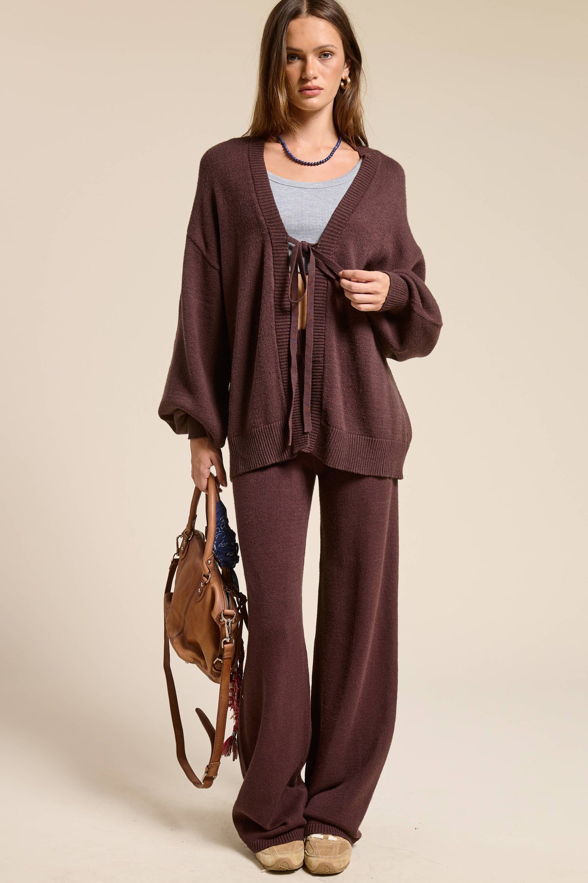 Two-Piece Knit Lounge Set for Women – Tie-Front Cardigan & Pants