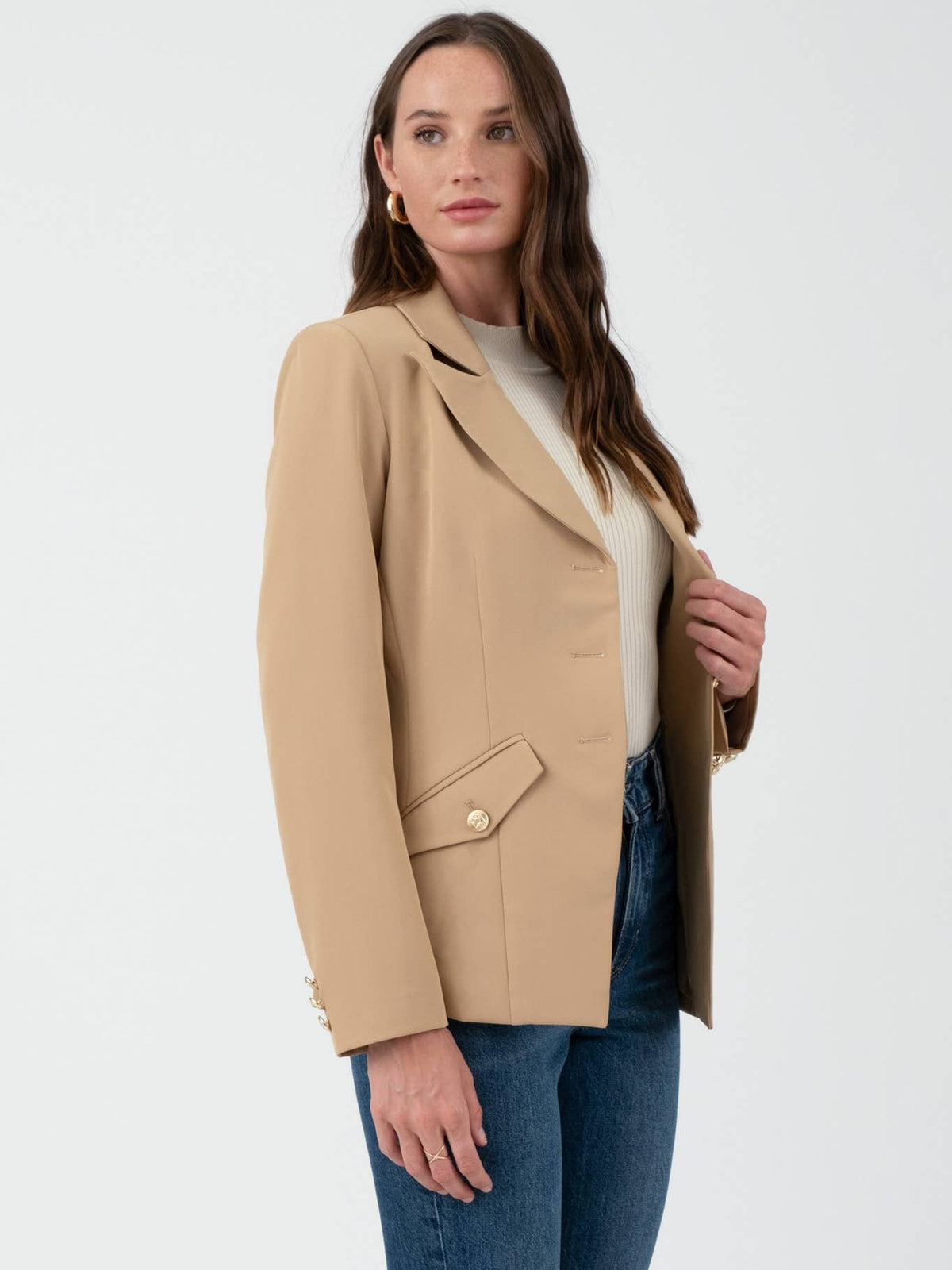 Khaki Gold Hardware Button Cuff Blazer