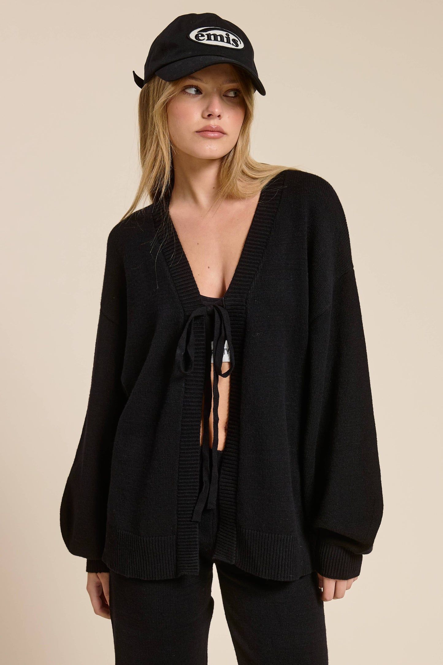 Black Two-Piece Knit Lounge Set for Women , Tie-Front Cardigan & Pants