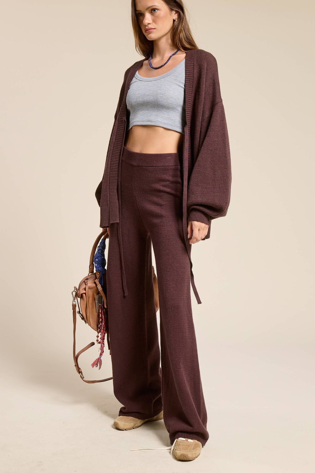 Two-Piece Knit Lounge Set for Women – Tie-Front Cardigan & Pants