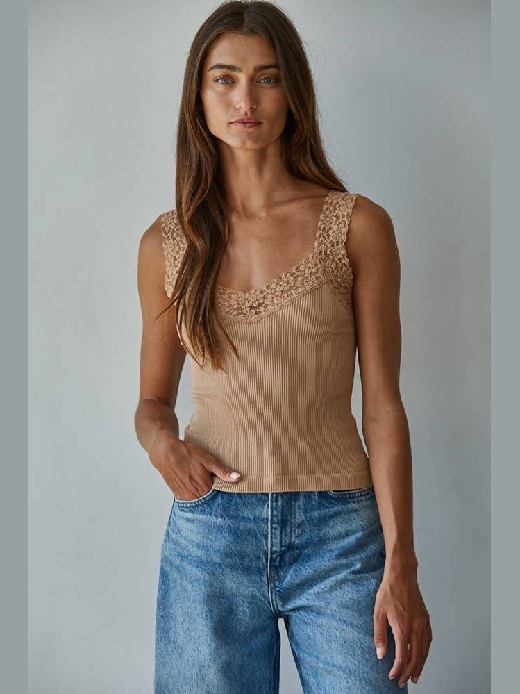 Knit Seamless Ribbed Tank Top with Lace Trim-Almond