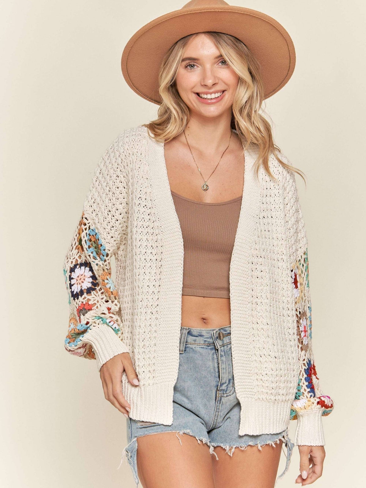 Women’s Crochet Cardigan, Open Front Knit Sweater, Multicolor Sleeves, Casual Fit