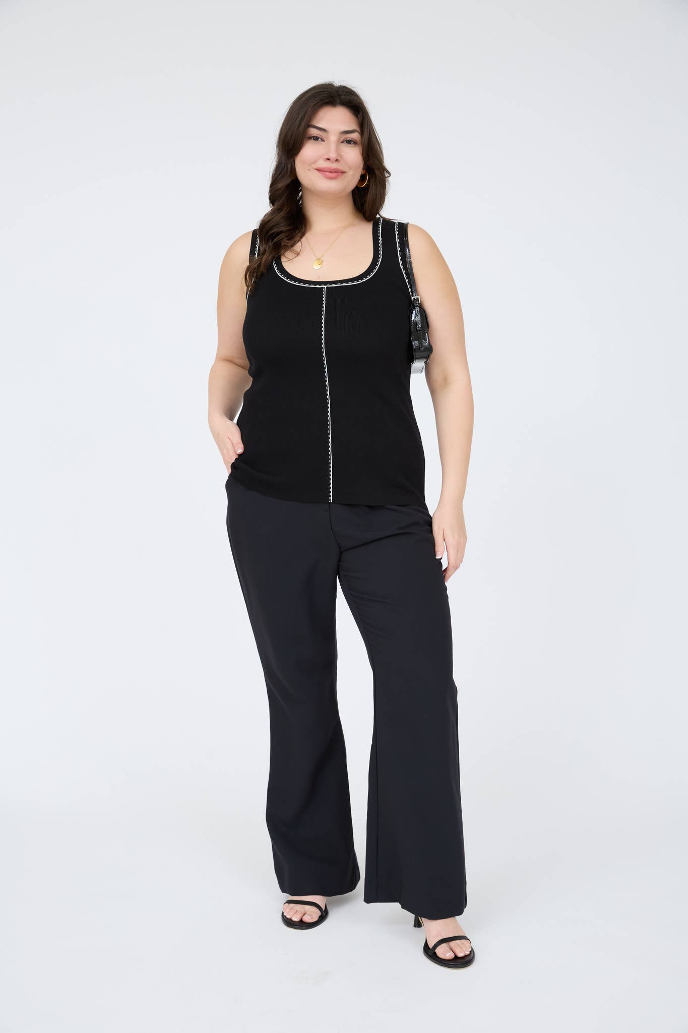 Plus Contrast Line Stitch Detail Sweater Knit Tank(two colors)