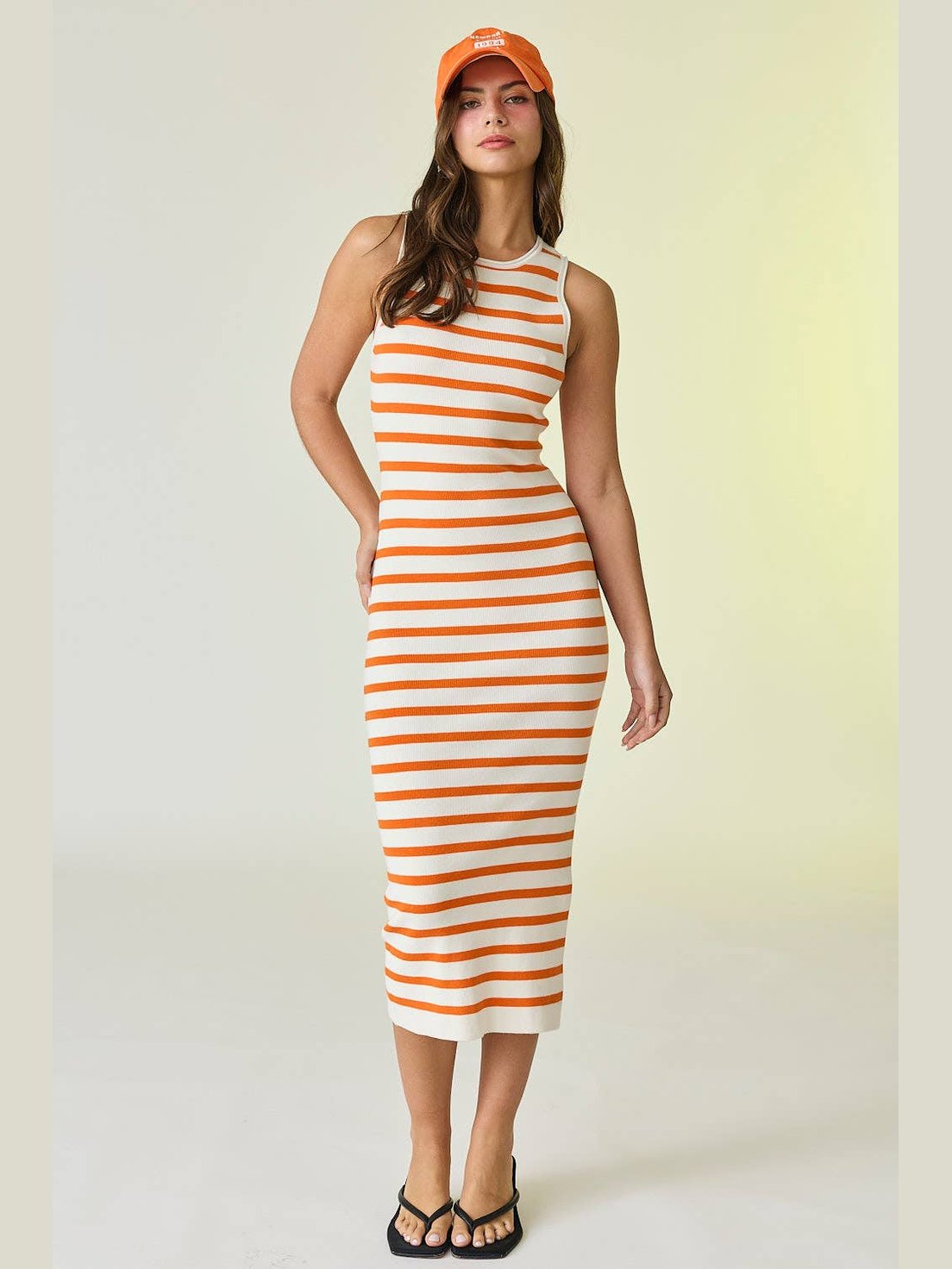 White/Orange Midi Sleeveless Stripped Dress