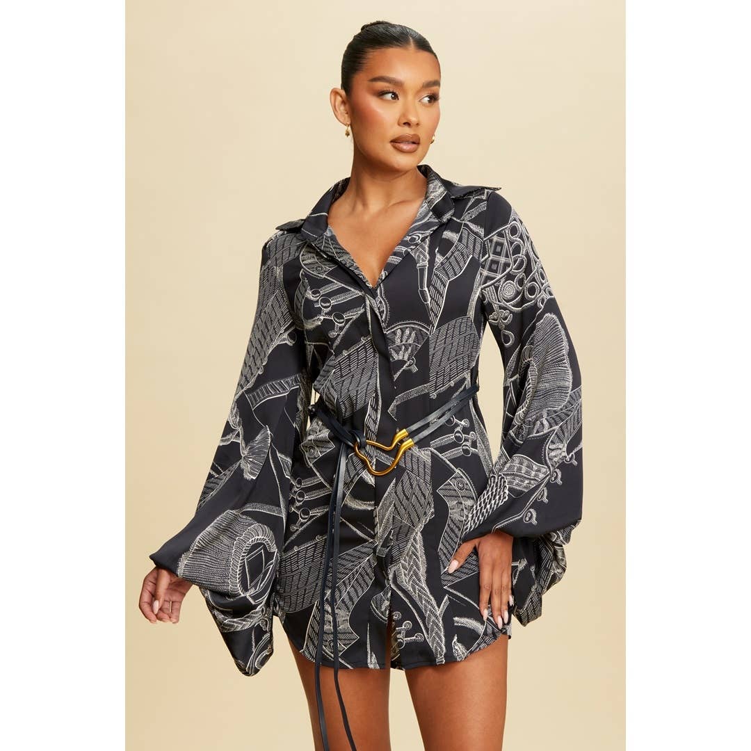 Chain Puff sleeve drees with belt