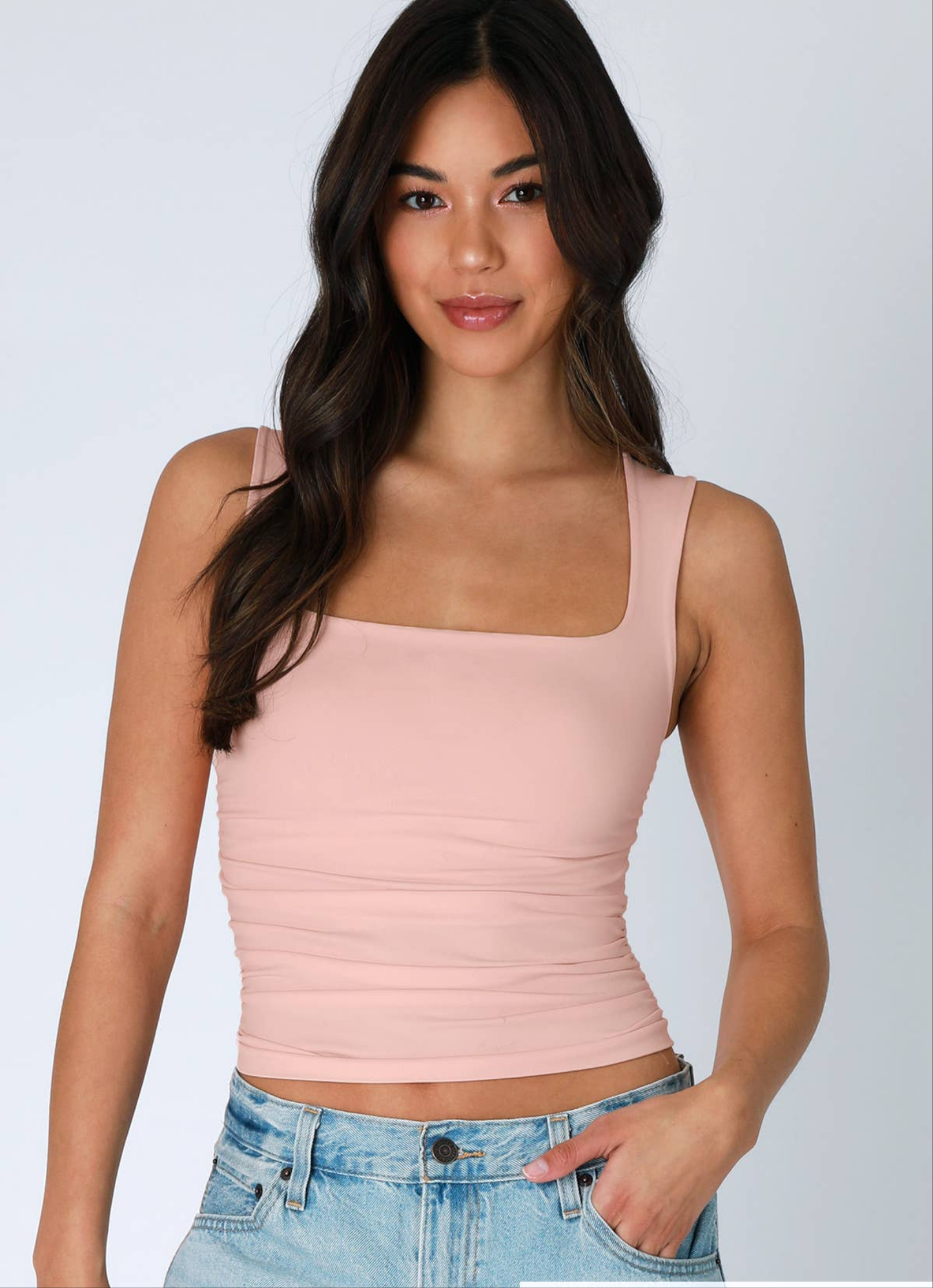 Peachy Pink Clean Line Square Shirred Top