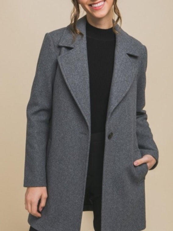 Gray Notched Lapel Long Sleeve Coat
