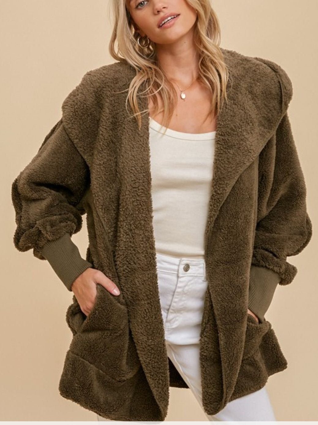 Olive Faux fur Soft plush hooded jacket with pockets