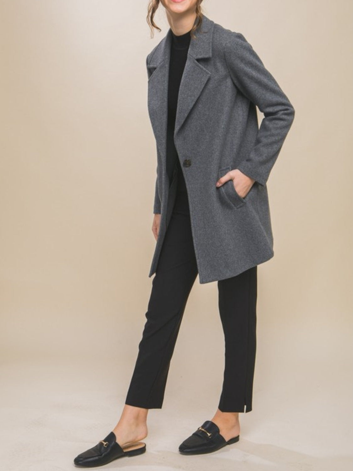 Gray Notched Lapel Long Sleeve Coat