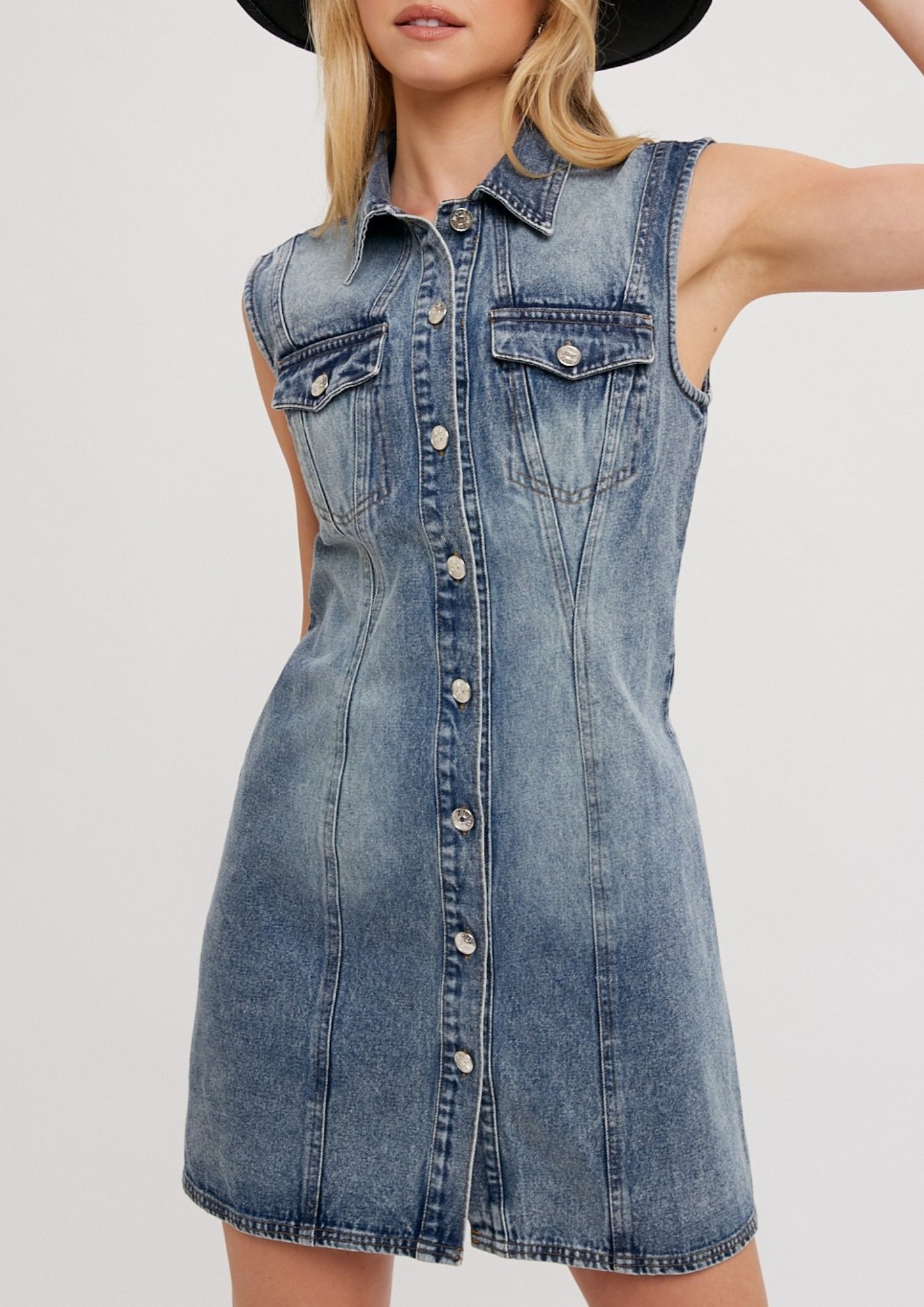 sleeveless denim shirt dress DENIM SLEEVELESS SHIRT DRESS – Misstoke