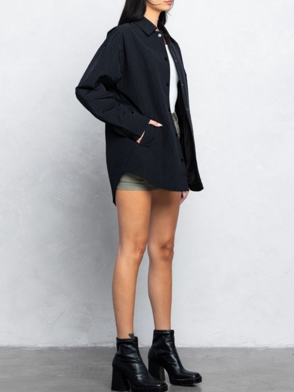 Black thin padded button down oversized shacket