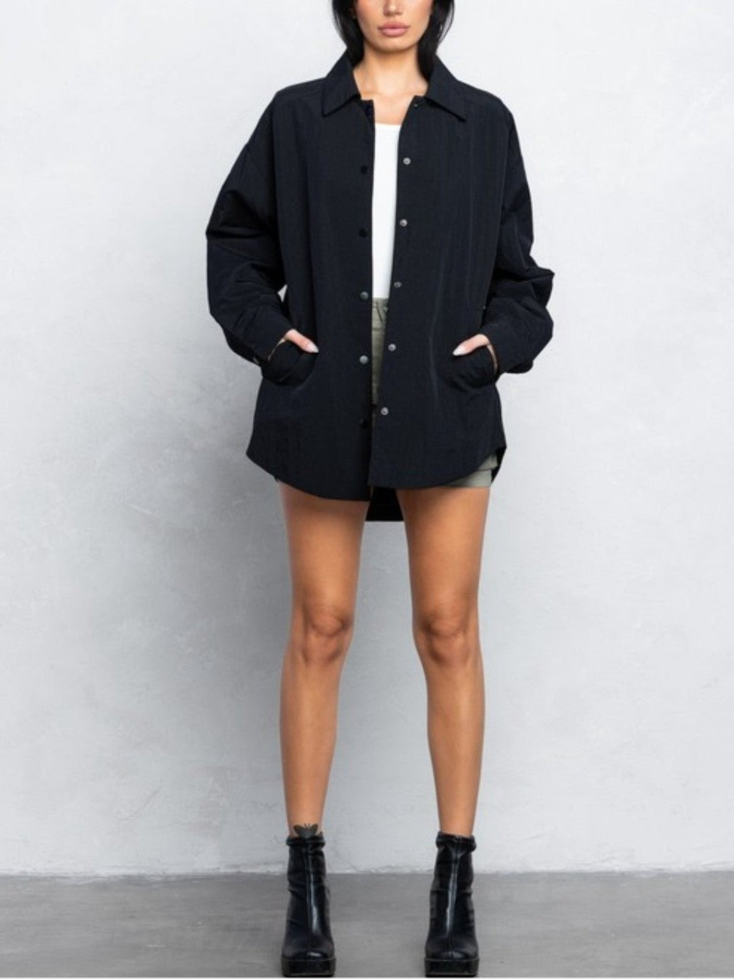 Black thin padded button down oversized shacket