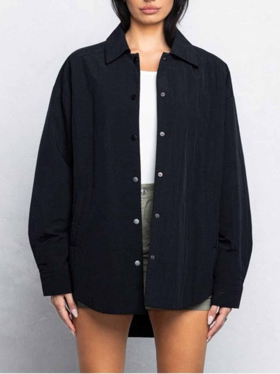 Black thin padded button down oversized shacket