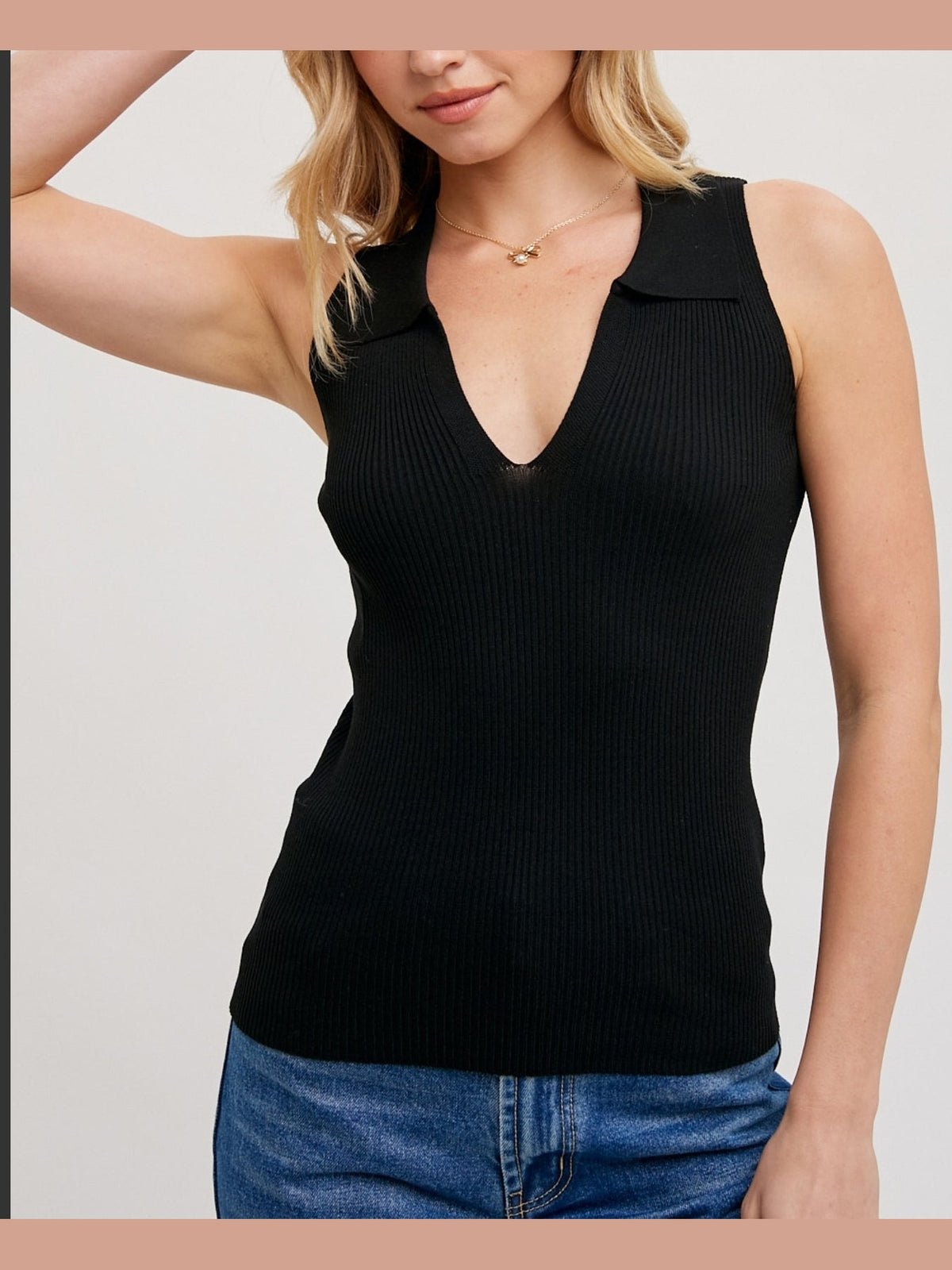 Sleeveless Ribbed Knit Collared V-Neck Top (several colors)