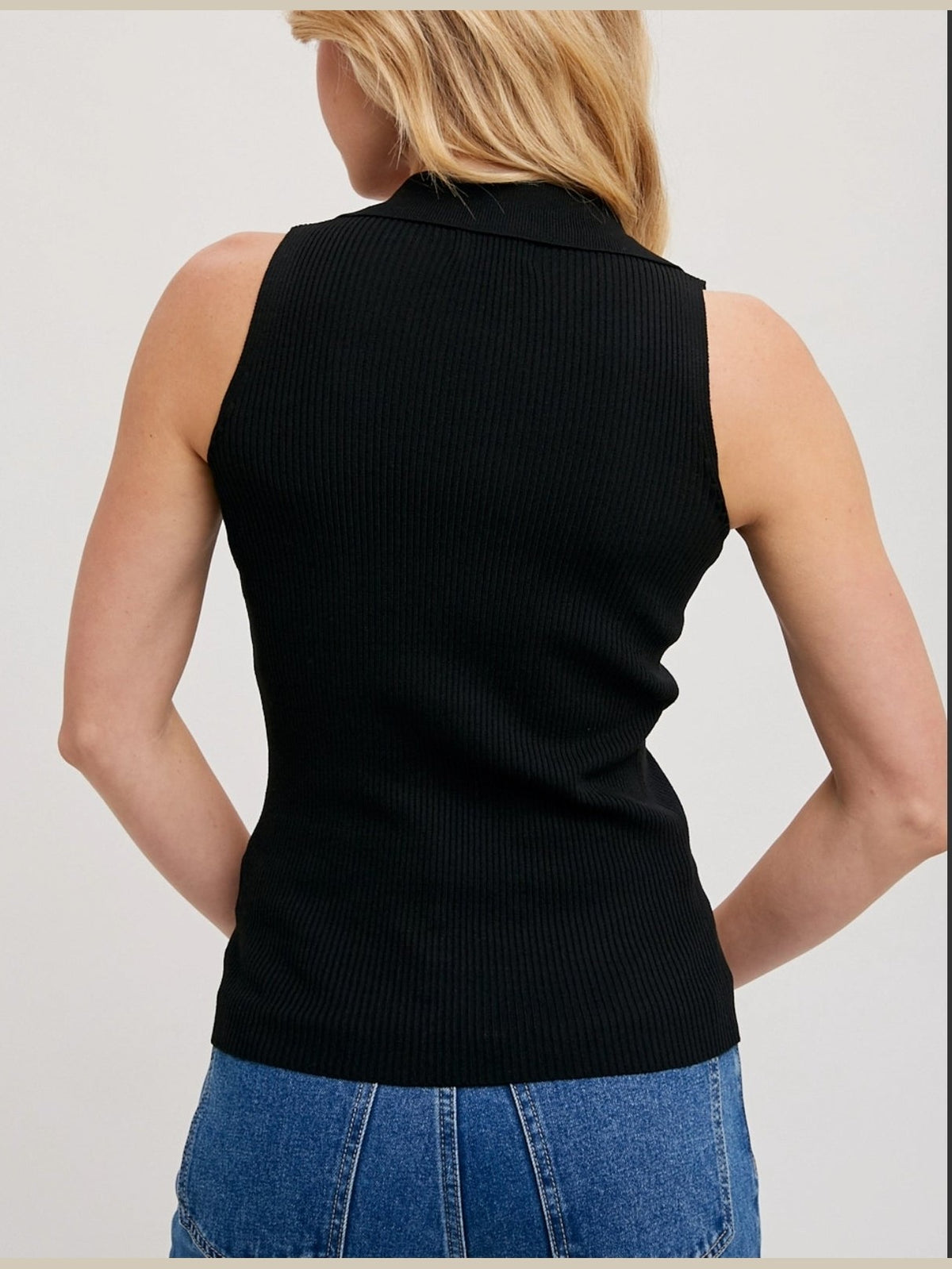 Sleeveless Ribbed Knit Collared V-Neck Top (several colors)