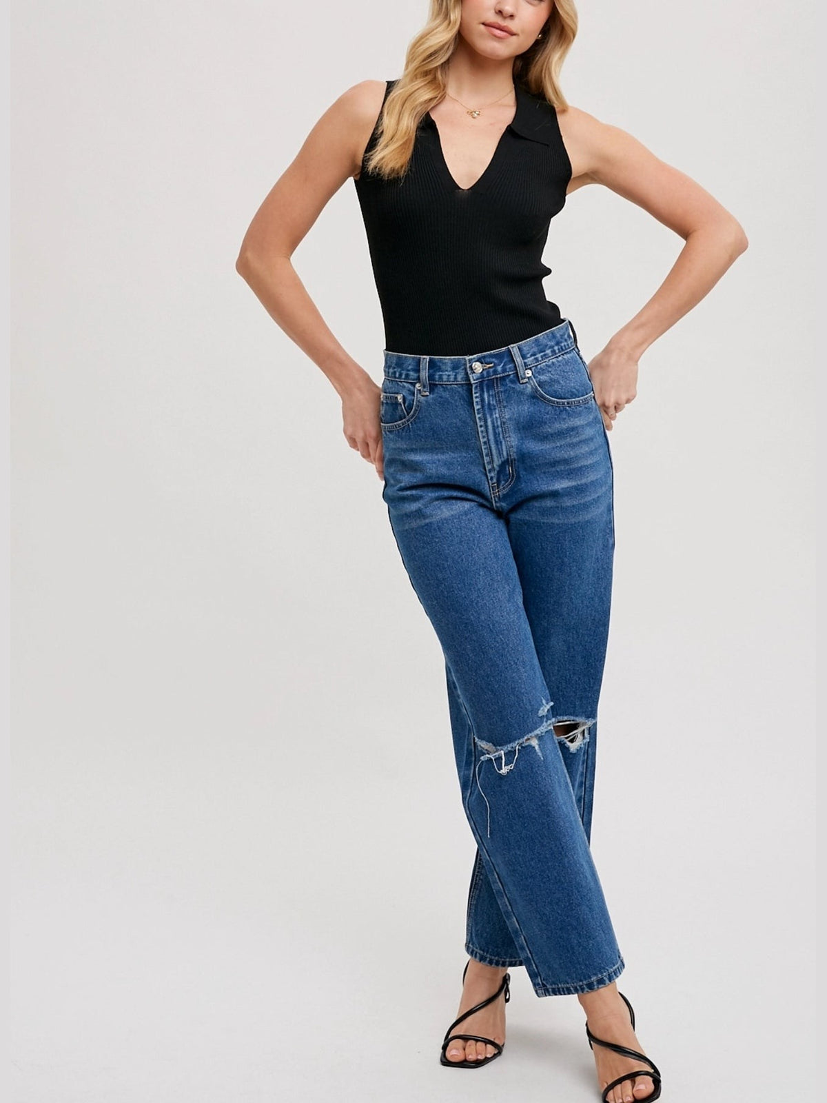 Sleeveless Ribbed Knit Collared V-Neck Top (several colors)