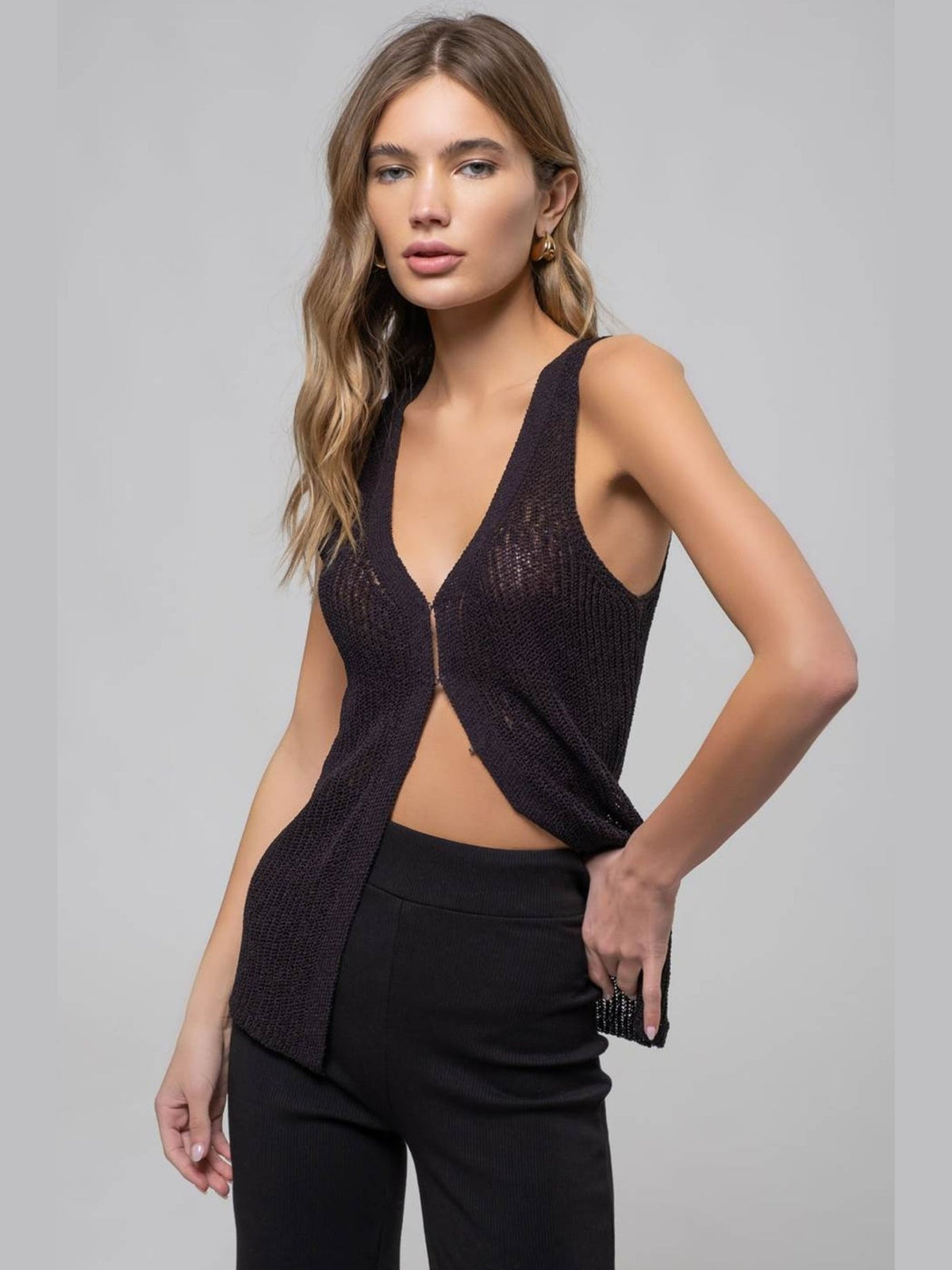Longline Crochet Knit Sweater Vest in Black