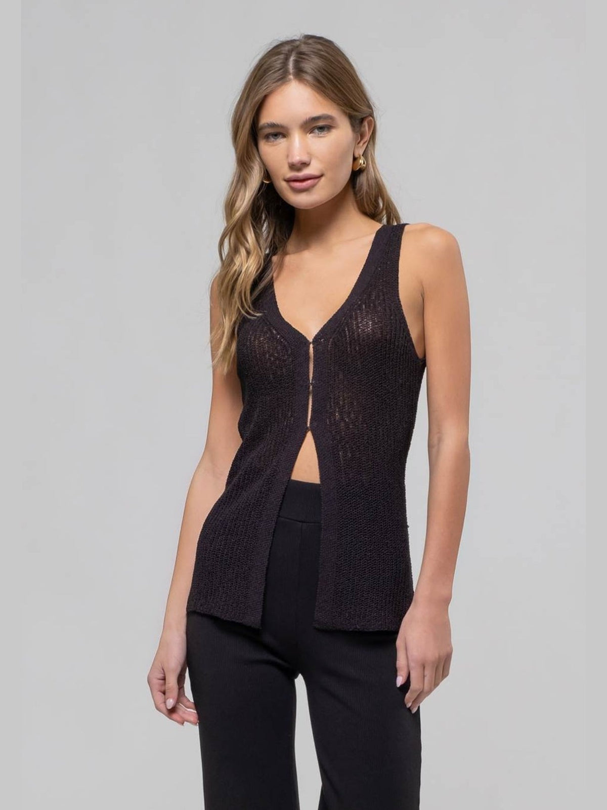 Longline Crochet Knit Sweater Vest in Black