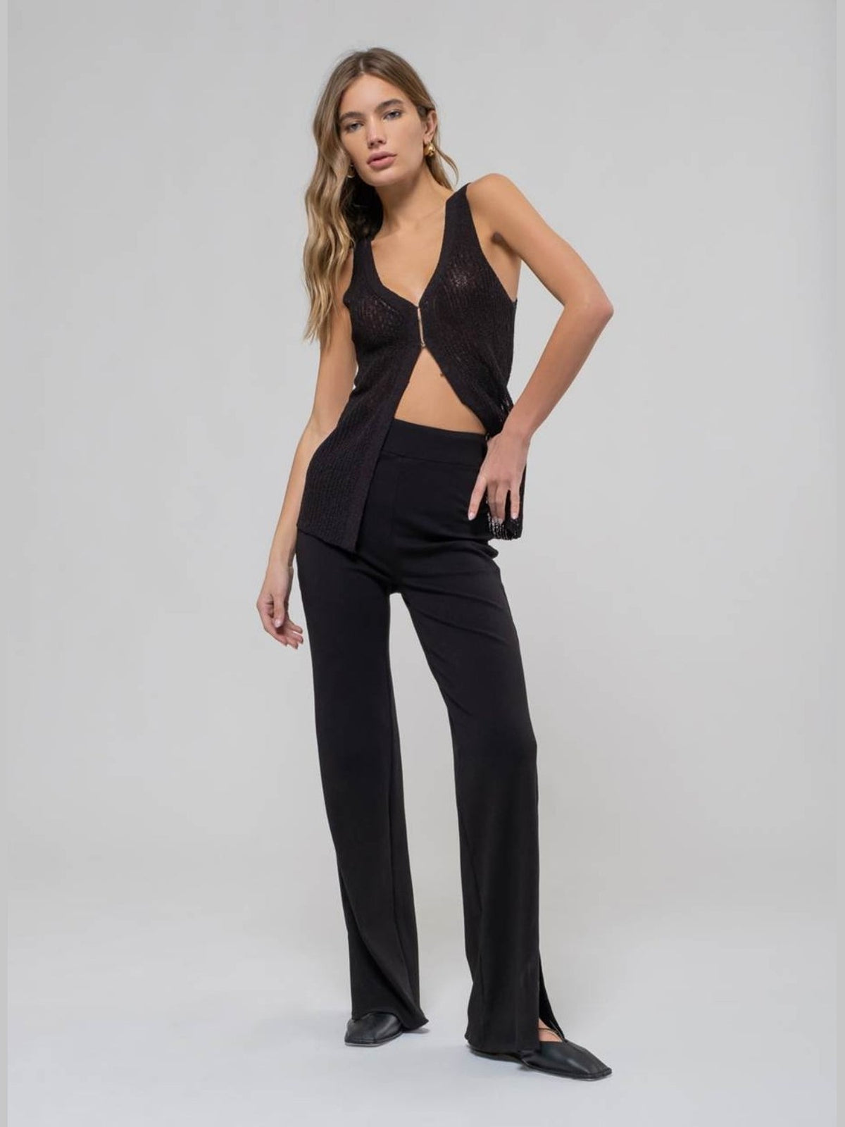 Longline Crochet Knit Sweater Vest in Black