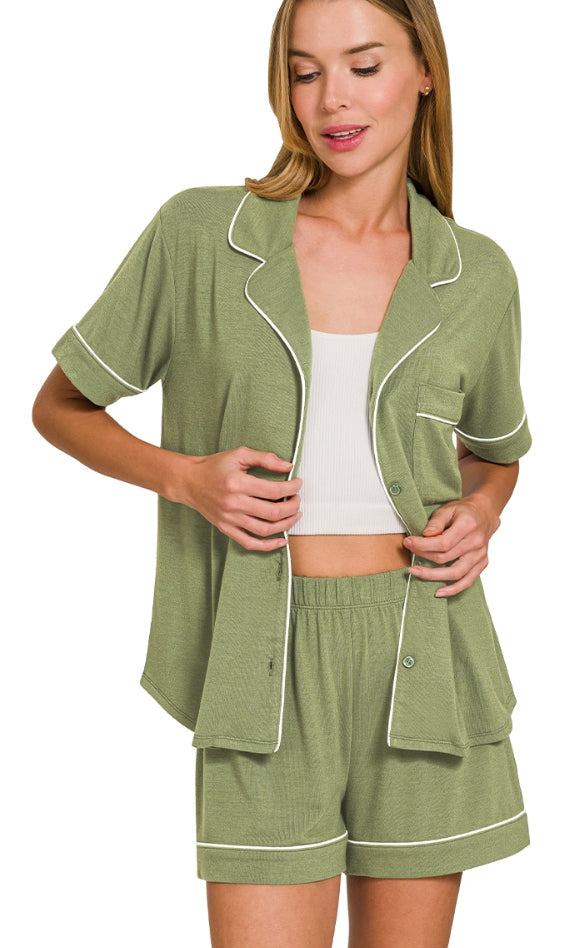 Short Sleeve Button Down Shirt & Shorts 2pcs Pajamas Set (three new colors)
