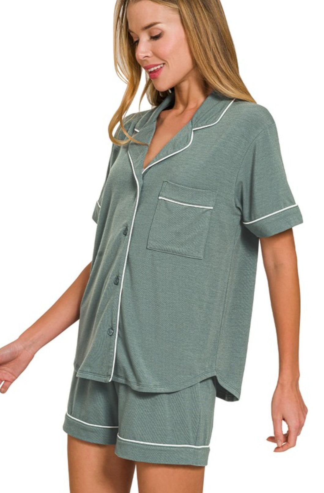Short Sleeve Button Down Shirt & Shorts 2pcs Pajamas Set (three new colors)