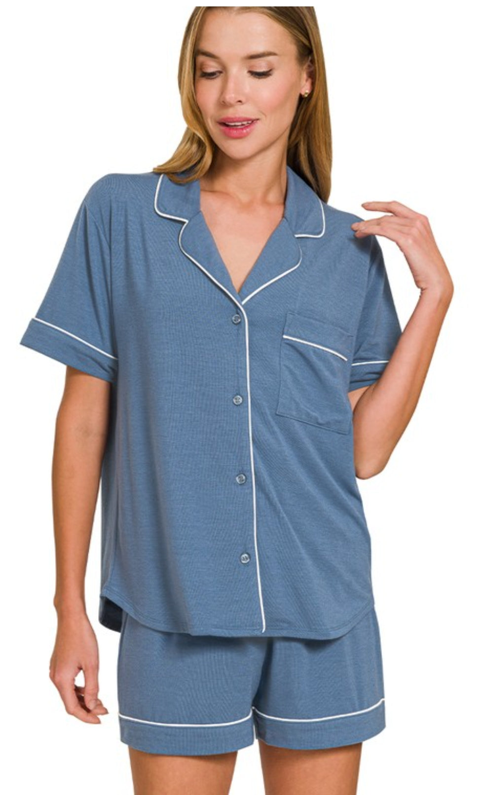 Short Sleeve Button Down Shirt & Shorts 2pcs Pajamas Set (three new colors)