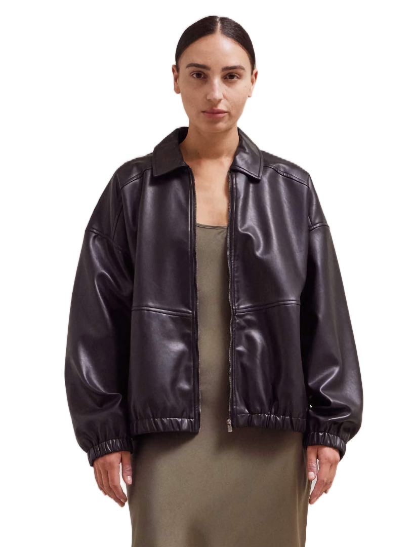 Women Leather Bomber Jacket - Black