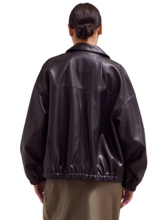 Women Leather Bomber Jacket - Black