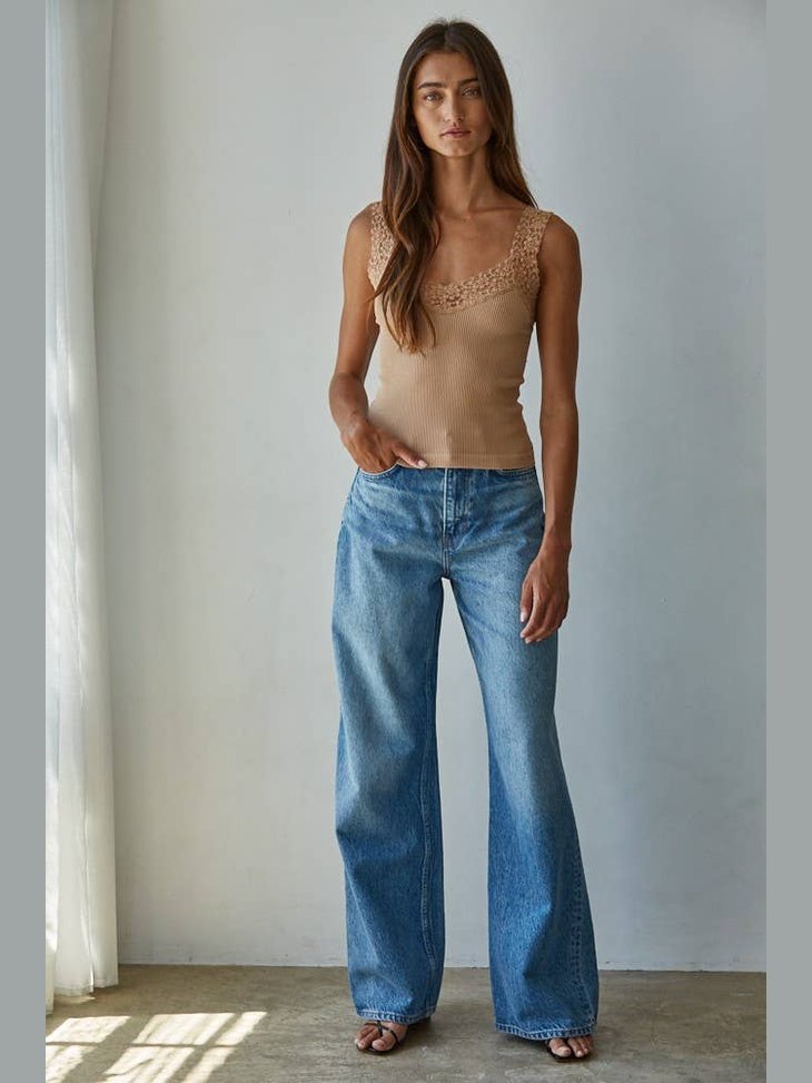 Knit Seamless Ribbed Tank Top with Lace Trim-Almond