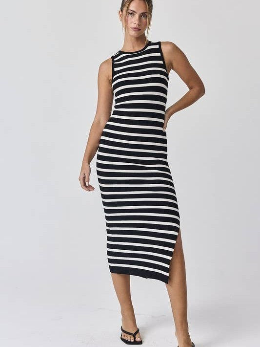 Black /white Midi Sleeveless Stripped Dress
