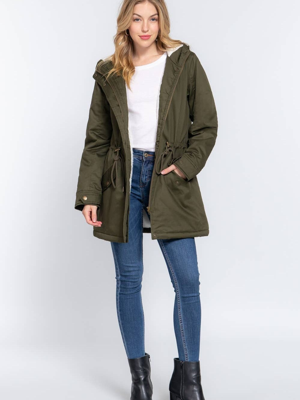 Fleece Lined Fur Hoodie Utility Jacket- two colors