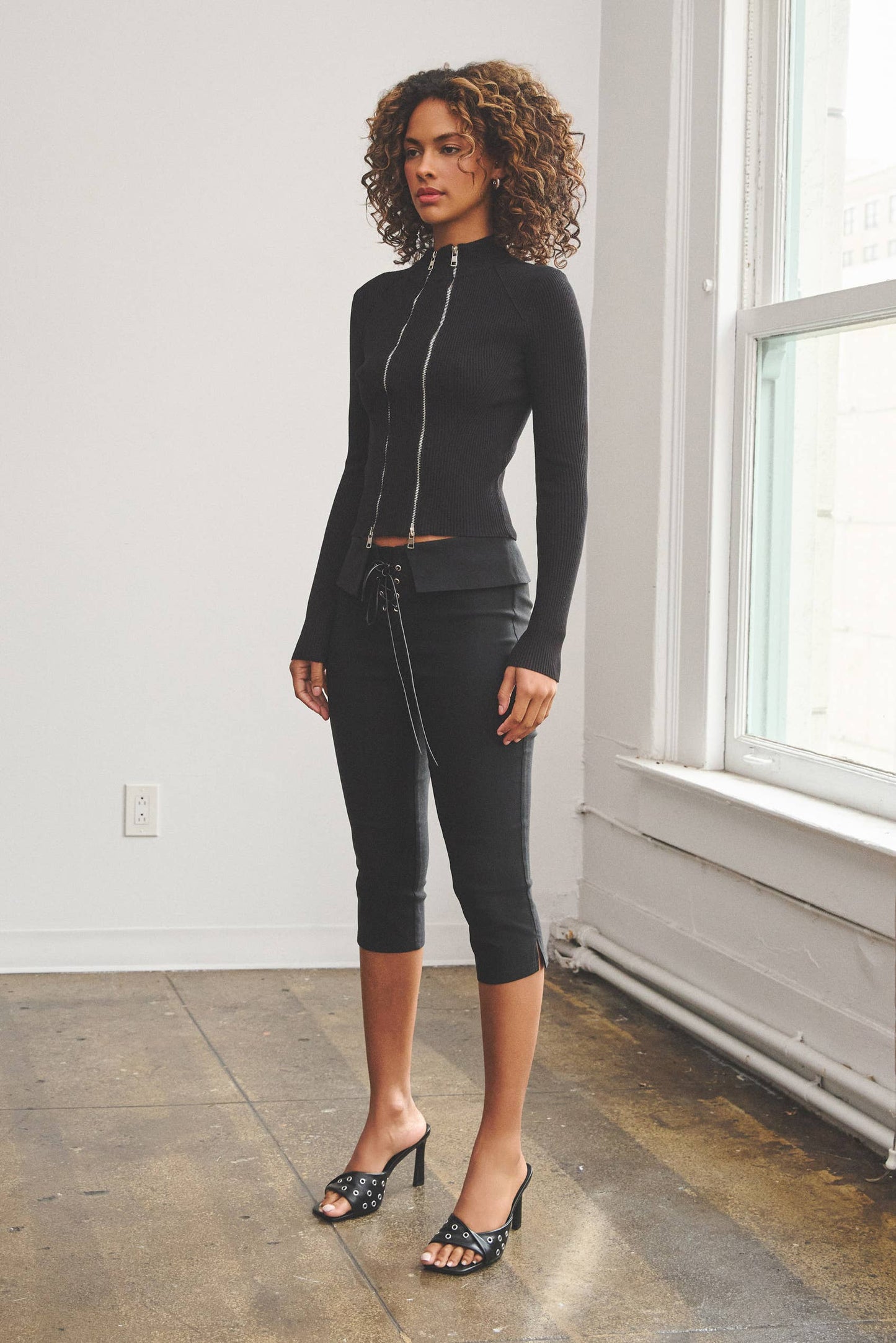 Double zipper detail ribbed mock neck top