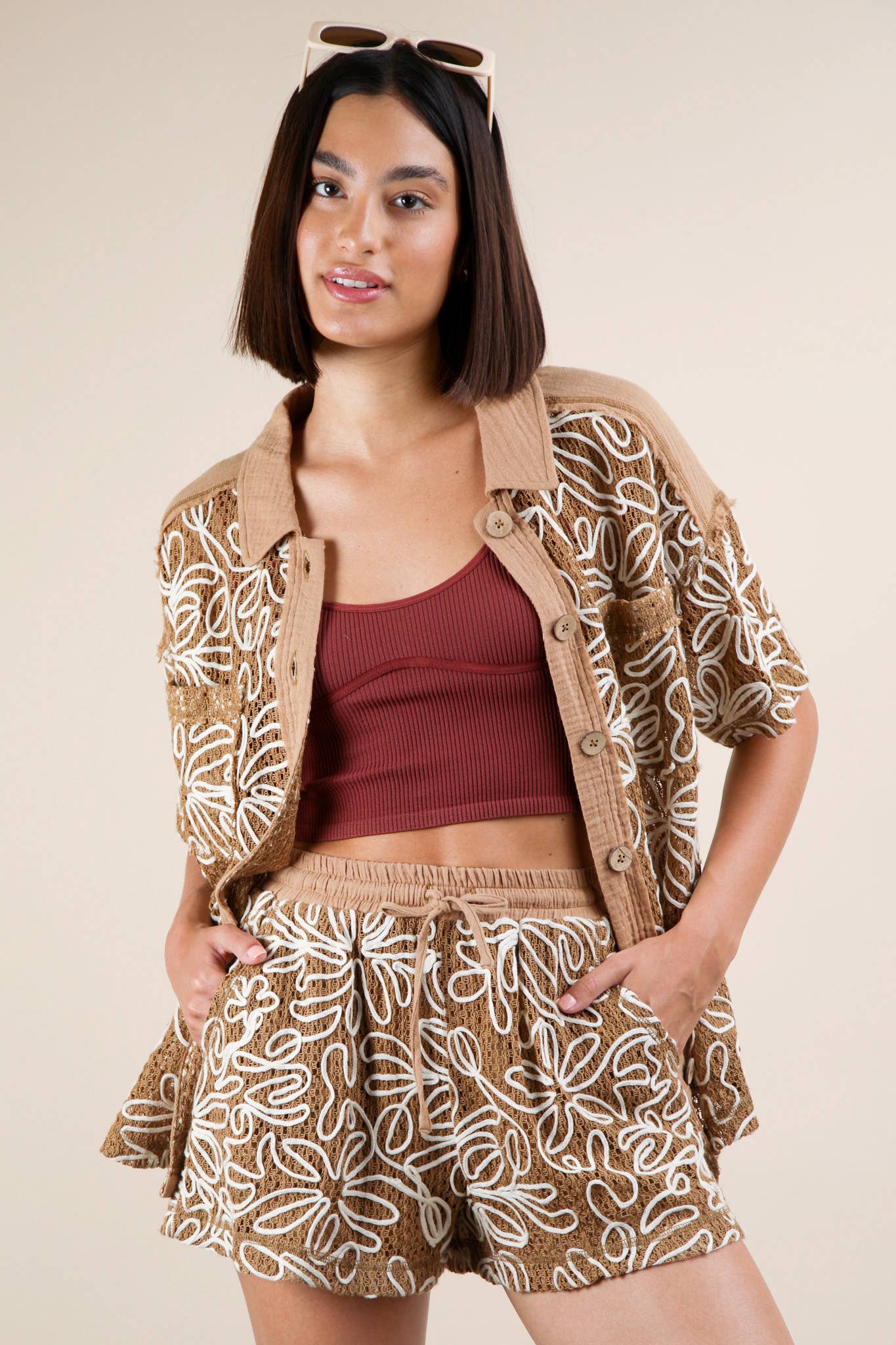 Mocha Printed Casual Shirt Top & Shorts Set