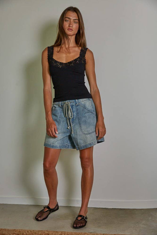Knit Seamless Ribbed Tank Top with Lace Trim