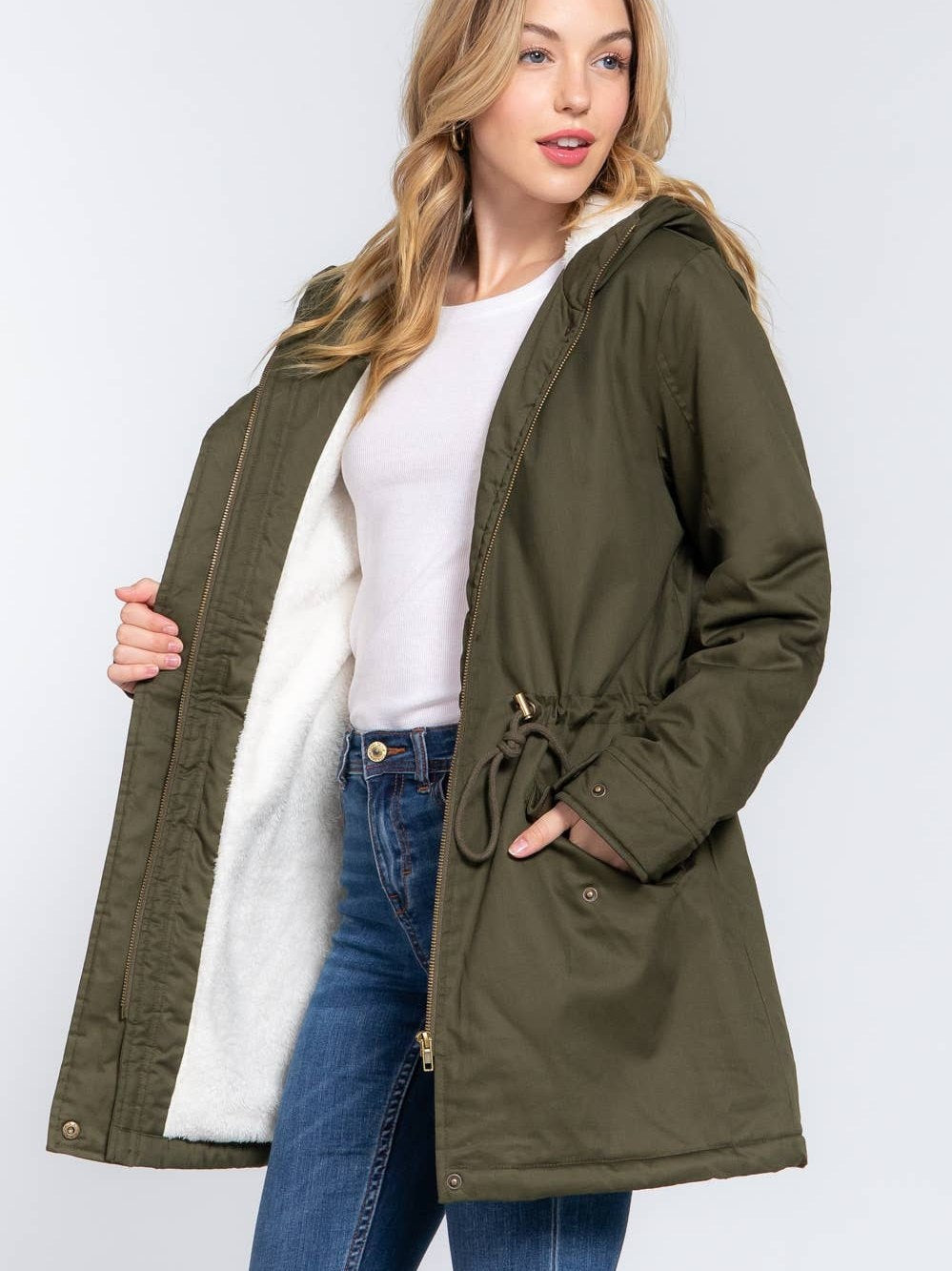 Fleece Lined Fur Hoodie Utility Jacket- two colors