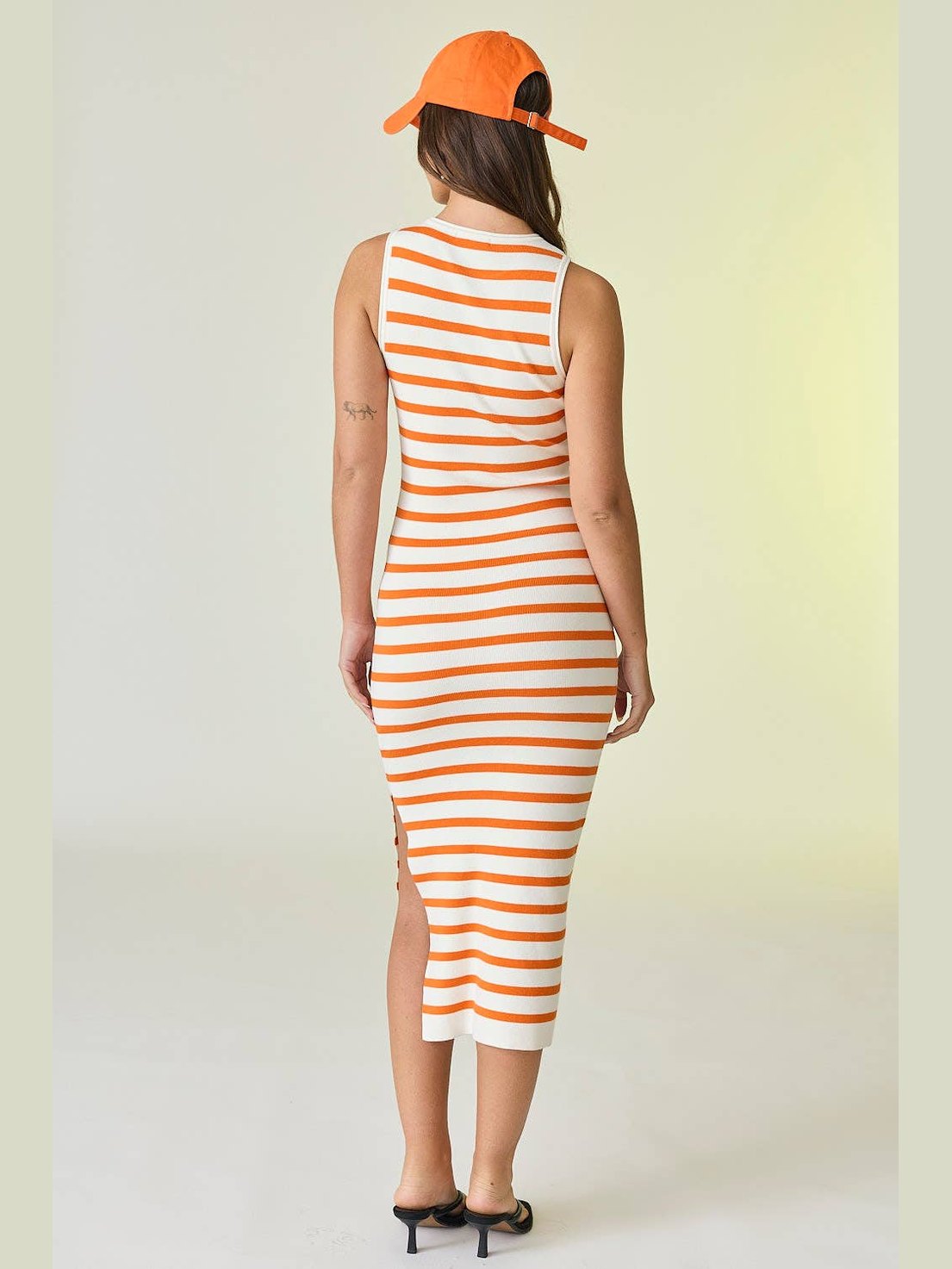 White/Orange Midi Sleeveless Stripped Dress